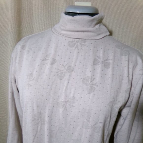 Bows print Layered Sweatshirt Top XS Beige Turtleneck Loose fit Lined top LS - Picture 2 of 11